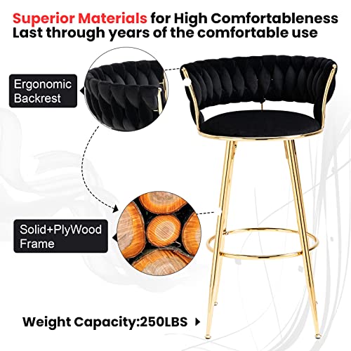 Nioiikit Velvet Bar Stools Set Of 2 With Hand Woven Backrest Design, Adjustable Foot Pads, Upholstered Counter Bar Stool With Golden Legs Bar Chair For Dining Room, Island, Pub, Bar (2, Black) #TOP2