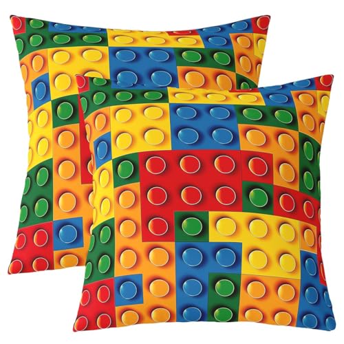 Image of Loussiesd Toddler Building Blocks Reversible Throw Pillow Covers 60x60cm Kids Toy Brick Pillow Covers Home Decor for Boys Teens Games Square Cushion Covers Set of 2 Colorful