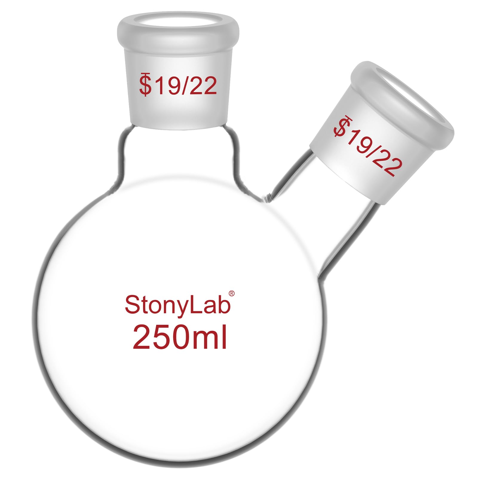 StonyLab 250ml Vetro con Collo Rotondo, Fondo Rotondo RBF, con Raccordo Centrale 19/22 e cono Esterno Standard 2 Neck Round Bottom Flask - 250ml