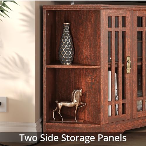 Image of IRONCK Corner TV Stand for TVs up to 60 Inch with Power Outlet, Corner Entertainment Center with Storage Cabinet and Glass Doors, Mid Century Modern TV Stand for Living Room, Bedroom, Red Walnut