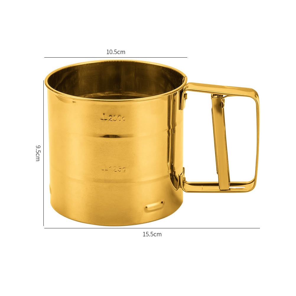 HOLIDYOYO Handheld Stainless Steel Flour Sifter,Fine Mesh Hand Crank Sifter for Baking, Powdered Sugar Sieve for Home Bakery,Golden