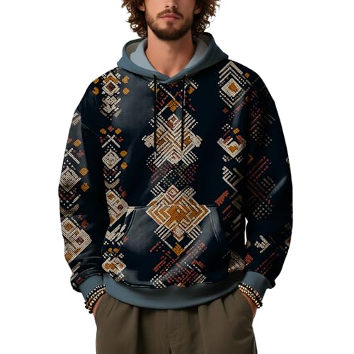 ZOCANIA Big and Tall Hoodies for Men Tribal Print Hooded Sweatshirt Pullovers Ribbed Long Sleeve Winter Tops