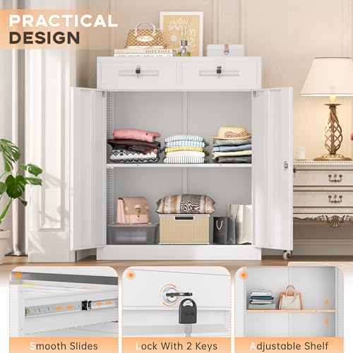 Image of INTERGREAT Metal Garage Storage Cabinets with Lock,Steel Storage Cabinet with Drawer and 2 Adjustable Shelves, Small Lockable Office Steel Cabinet for Home, Warehouse, School, White