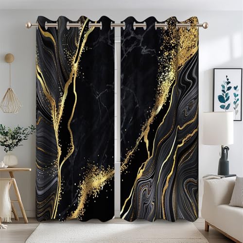 Ttincceer Rideaux Occultants en Marbre Noir et Or Texture de Texture de marbre de Luxe Chambre décorative avec œillets 2 Panneaux Isolation Thermique Protection de la...