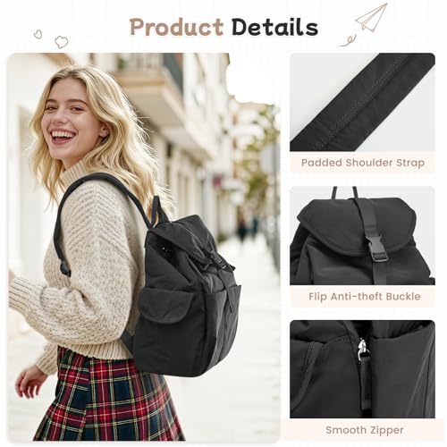 G4Free Small Backpack for Women, Nylon Casual Daypack for Work Travel Campus, Black — view 3