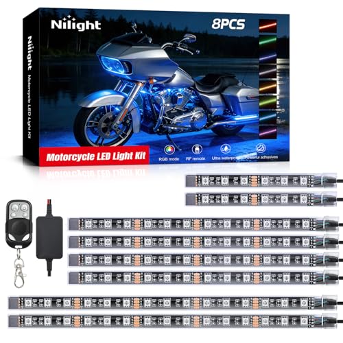 Nilight 8PCS Motorcycle RGB Led Light Kit Waterproof Multi-Color Atmosphere Lights Lamp with 4Key RF Wireless Remote for Harley Davidson Honda Kawasaki Suzuki, 2 Years Warranty (TL-42)