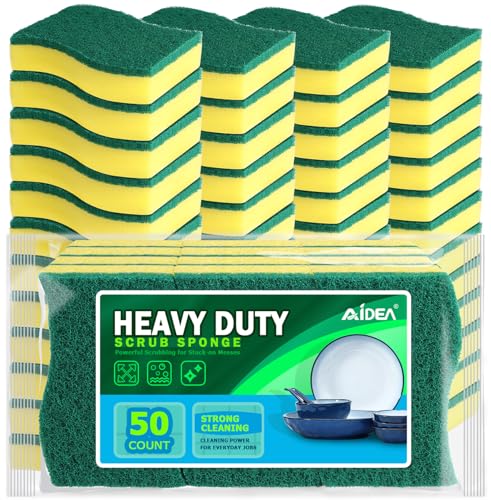 AIDEA Heavy Duty Scrub Sponges 50 Pcs Cleaning Sponges Kitchen Dish Sponges Easy Cleaning Eco Scrub Pads for Dishes, Pots and Pans