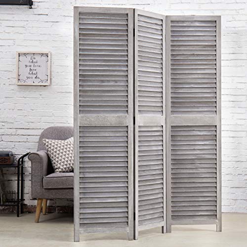 MyGift-Vintage-Distressed-Grey-Wood-3-Panel-Room-Divider-Screen-Louvered-Semi-Private-Partition MyGift Vintage Distressed Grey Wood 3 Panel Room Divider Screen Louvered Semi Private Partition