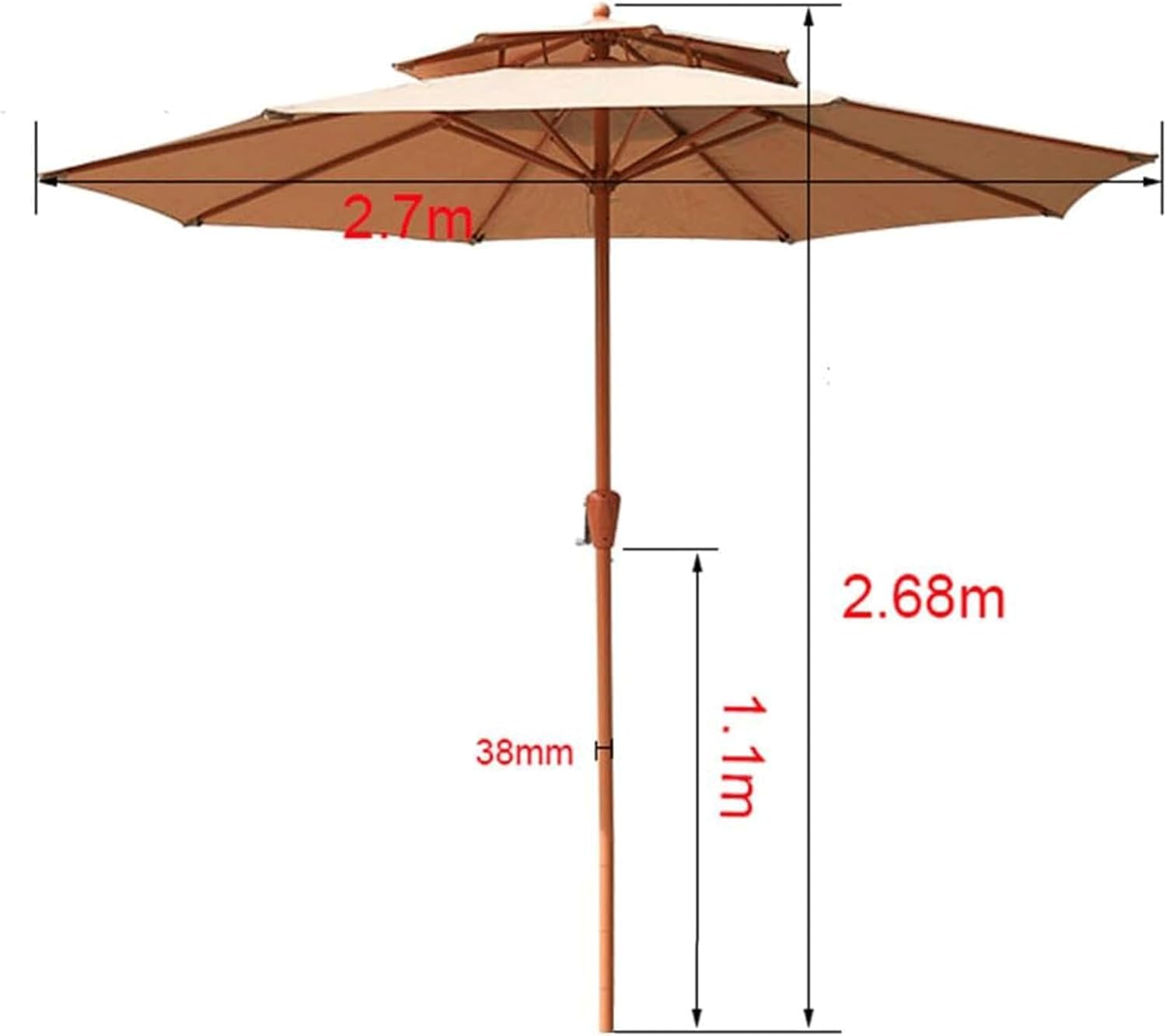 LYGSWDB Parasol Parasol ogrodowy Parasol ogrodowy 8,8 stopy Podwójny wentylowany parasol tarasowy 8 żeber Parasol plażowy Korba ręczna Parasol zewnętrzny Parasol plażowy Odcień (kolor: Bruin, rozmiar: