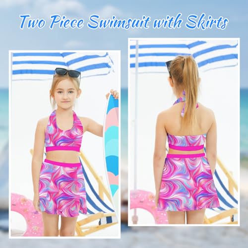 uideazone Girls 4 Piece Bathing Suit Summer Halter Swimsuit with Skirts Beach Bikini Cover Up Sets 7-12 Years2