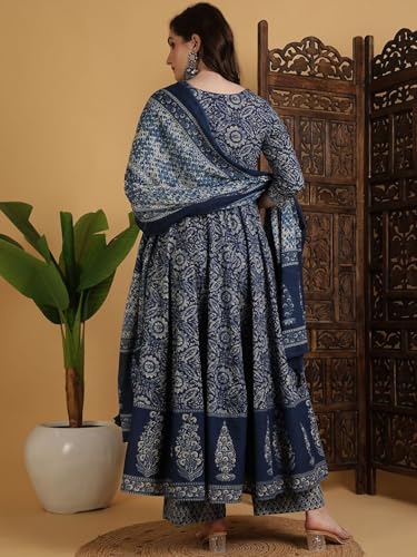Image of MEERA FAB Women Floral Printed Pure Cotton Anarkali Kurta with Palazzos & Dupatta