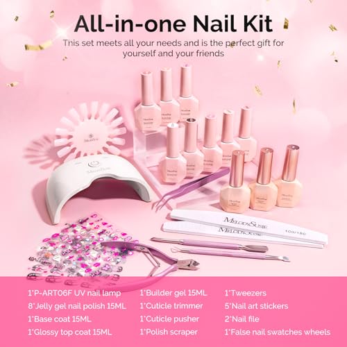 Image of MelodySusie Gel Nail Polish Kit with UV Light P-ART06F- Popular Color Jelly Gel with Builder and Baser &Glossy Top Coat Soak Off Includes Nail Art Tools Nail Art Gift for Women & Girls