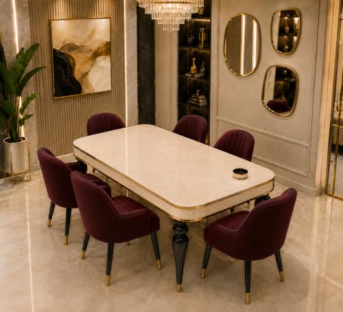 Image of 6 Seater Dining Table Set with Nano Composite Marble Top, Solid Wood Base & 6 Upholstered Chairs, Modern Dining Table Set for Home & Dining Room Furniture (Maroon, White Marble Top, 6 Seater)