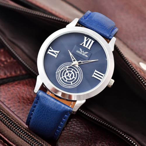 Image of LOUIS DEVIN Black /Blue /Brown /Green Leather Strap Analog Wrist Watch for Men (Black /Blue /Brown /Green /White Dial) | LD-GR079