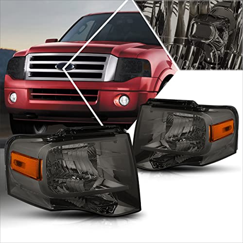 Pair of Headlight Assembly Set Smoked Lens/Amber Corner Compatible with Ford Expedition 07-14