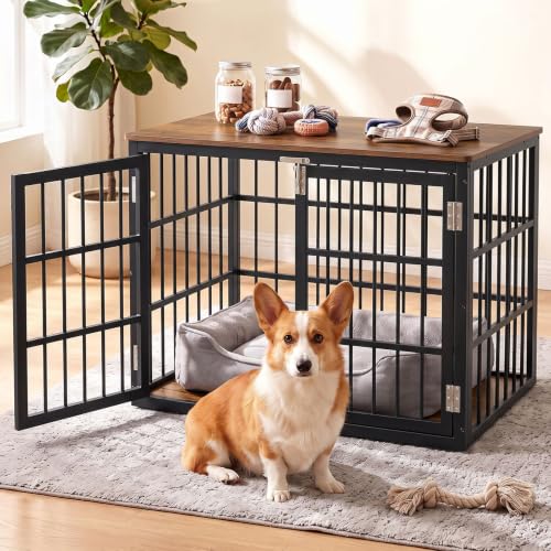 Image of NEWBULIG 42 Inch Dog Crate Furniture for Large Dogs, Space Saving Pet House End Table with Double Lock Door, Heavy Duty Indoor Kennel for Living Room, Black & Rustic Wood