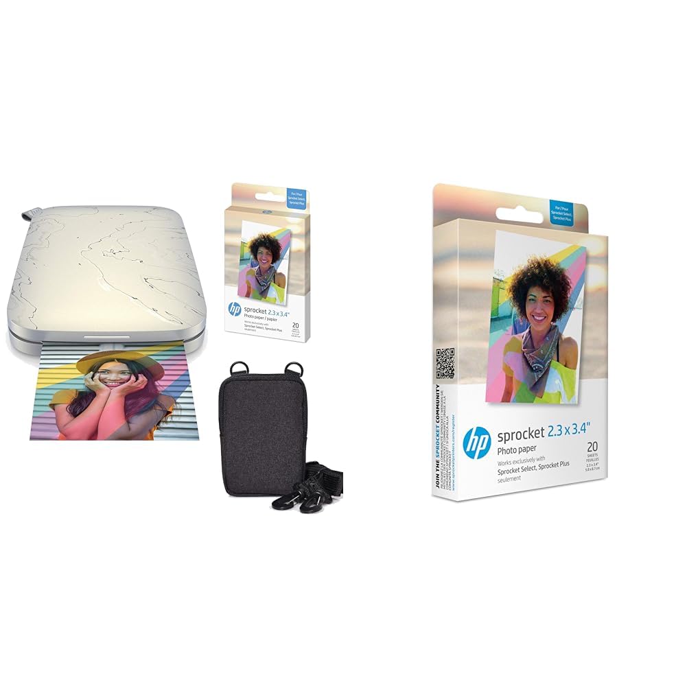 HP , Farbig, Sprocket Select Tragbarer Sofortbilddrucker mit 2,3 x 3,4 Zoll (Weiß) Zink-Papierbündel & Sprocket 5.8x8.7 cm Premium Zink Sticker Fotopapier (20 Blatt)