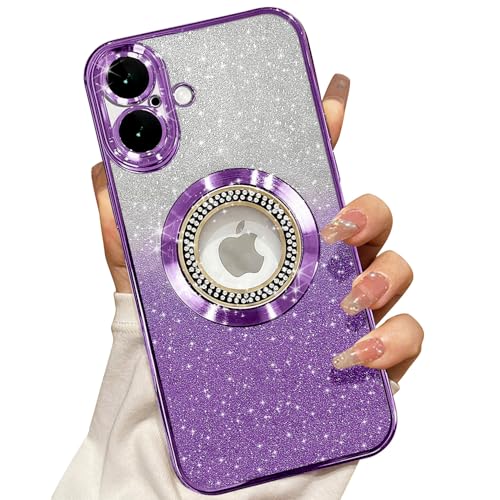 Image of Misscase for iPhone 16 Magnetic Glitter Case Compatible with MagSafe,Full Protection Slim Shockproof Anti-Scratch Case with Camera Lens Protector Logo View Dust-Proof Net for Women Purple