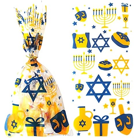 Hanukkah Candy Goodies Bags Chanukah/Hanukkah Party Favor Bags Hanukkah Dreidel Menorah Plastic Cellophane Treat Gift Bags for Chanukah Jewish Festival,Wedding,Bridal Shower,Birthday Party Decoration Cover
