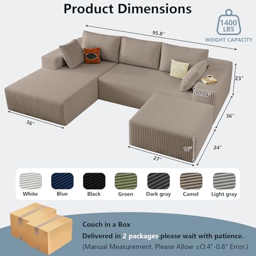 Image of 96 inch W Cloud Sectional Couch with Ottoman,Modern U-Shaped Cloud Couch with Deep Seat,Comfy Corduroy Sofa,Memory Foam Sofa for Living Room,No Assembly (Camel,Left-Facing Chaise)
