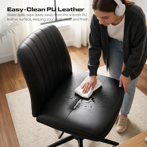 Image of DROGO Zen Cross Legged Office Chair for Work at Home, Pu Leather Accent Chair for Long Hours Sitting Comfort, Armless, Adjustable Height & Tilt Lock Recline | Computer Chair for Home Office(Black II)
