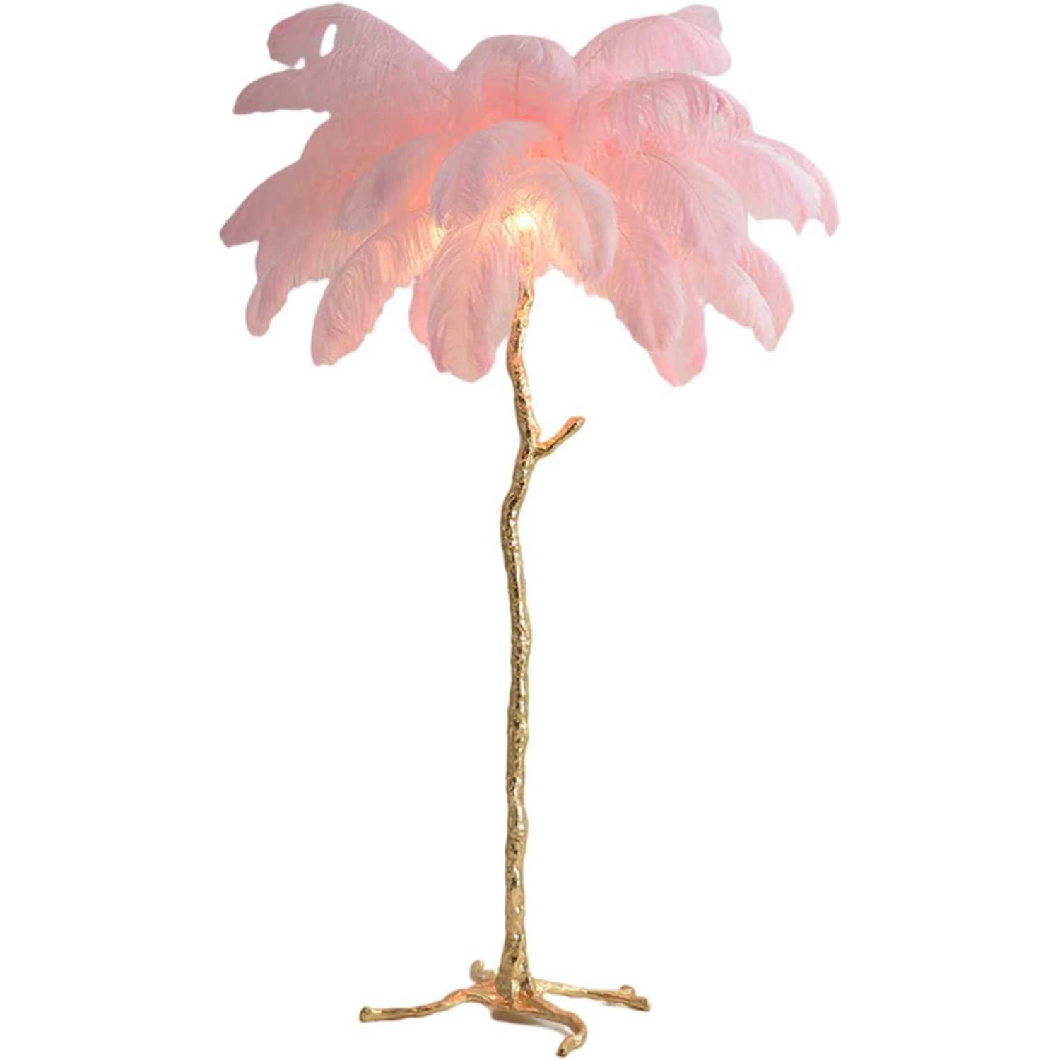 Natural Ostrich Feather Floor Lamp, Resin Feather Standing Lamp, Simple Modern Bedroom and Living Room Standing Lamp, Golden Lamp Body, Dimmable with E14 LED Bulb