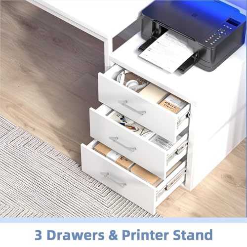 Image of MaverickFurni 67 inch White Desk with 3 Drawers and LED Lights, Reversible Computer Desk with Moniter Stand and Printer Shelf, Home Office Desk with Storage for Work Writing Study, White