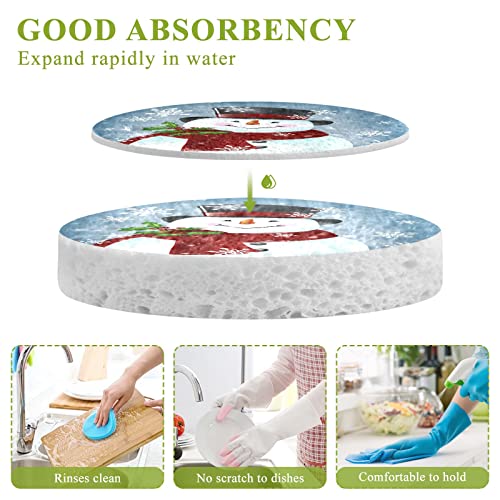 Image of Cute Smiling Winter Snowman Kitchen Sponges Christmas Snowflakes Xmas Holly Berry Red Scarf Cleaning Dish Sponges Non-Scratch Natural Scrubber Sponge for Kitchen Bathroom Cars pack of 3
