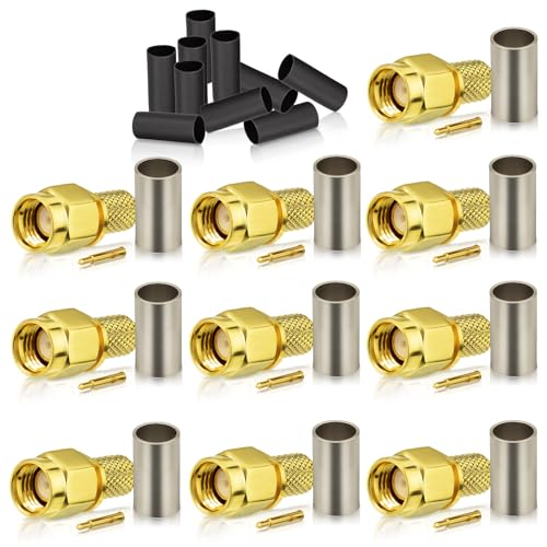 Bingfu SMA Male Crimp Connector Solder Attachment 50 Ohm Gold Plated Copper Connector (10-Pack) Compatible with RG58 RG303 RG141 RG142 RG400 Low Loss 195 Coaxial Coax Jumper Cable