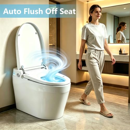 Inodoro inteligente de una pieza con bidé, apertura y descarga automáticas por radar y sensor de pie, asiento calefactado con agua caliente instantánea, boquilla autorreparable, descarga sin energía y luz nocturna para baño miniatura 4