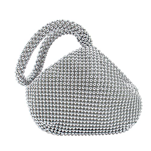 AUEAR, Mini pochette de soirée triangulaire à paillettes et fermeture éclair pour femme - Pochette de luxe avec strass - Sac à main pour bal, cocktail, fête, mariage, fiançailles - Argenté Cover