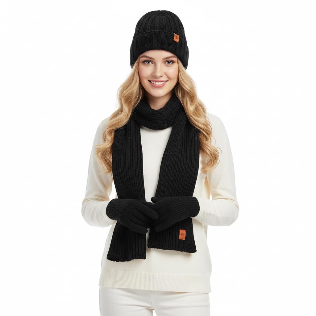 Condition photo showing New/Like New for winter knit beanie hat, scarf and touchscreen gloves set, warm fleece lined cold weather accessories
