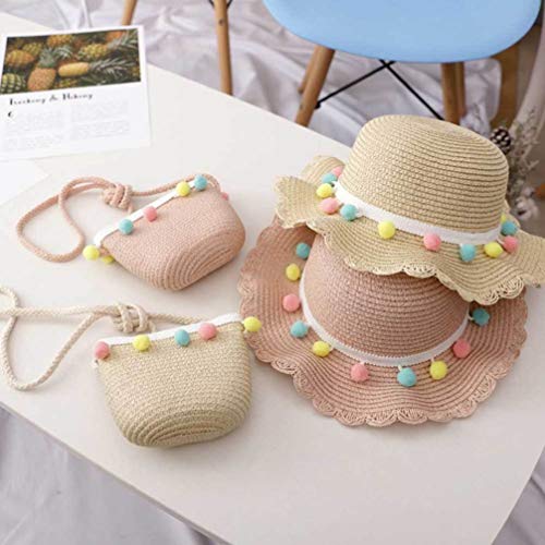 NUOBESTY Girls Straw Hat and Purse Sets Brim Plush Ball Pom Pom Beach Sun Hats Mini Cross-Body Bag Princess Hat Bag4