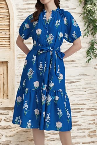 Women Summer Floral Midi Dress Puff Short Sleeve V Neck Button Belt Casual Flowy Maxi Beach Vacation Dresses2