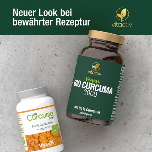 Vitactiv Natural Nutrition Bio Curcuma 3000 - Kurkuma hochdosiert - Curcuma Extrakt mit 95% Curcumin - Piperin für hohe Bioverfügbarkeit - Ohne Magnesiumstearat, Vegan-60 Curcuma Kapseln für 60 Tage