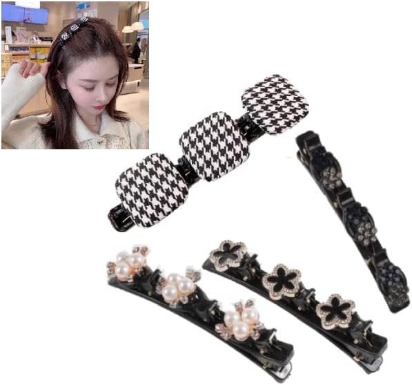 MSPSet of 4 Braided Hair Clips (Pearls + Sparkling Crystal + Star with Rhinestones + Silk Fabric Houndstooth) in Decorative Gift Box, Ideal For Gift-Giving