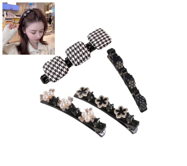 MSPSet of 4 Braided Hair Clips (Pearls + Sparkling Crystal + Star with Rhinestones + Silk Fabric Houndstooth) in Decorative Gift Box, Ideal For Gift-Giving