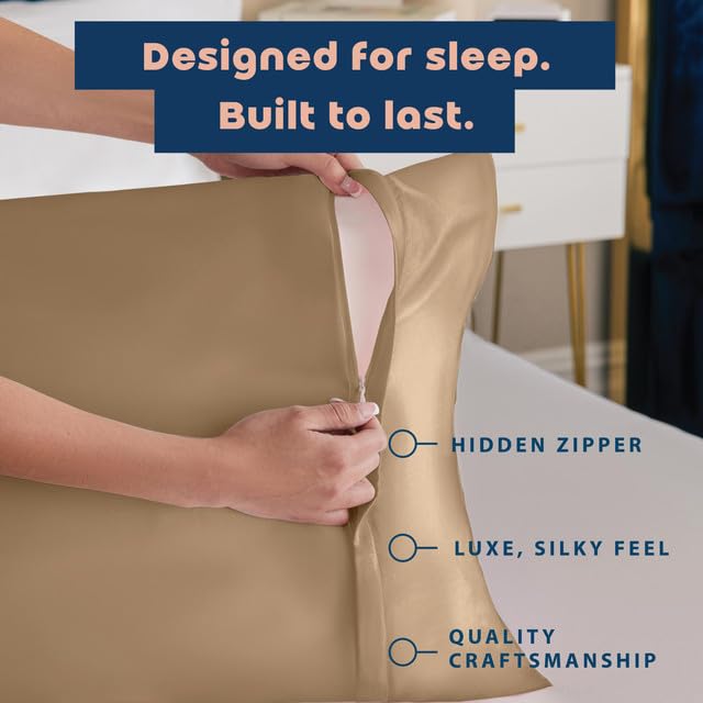 Image of BLISSFORD Satin Pillowcase with Zipper, for Hair and Skin Care, Feels Soft and Cool Like a Silk Pillowcase, Beige Satin Pillow Cases 2 Pack, Slik Pillow Cover, Queen Size, Set of 2