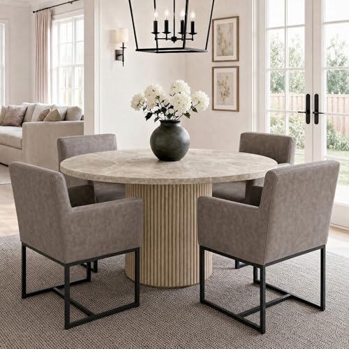 Image of HNY Mid Century Modern Upholstered Dining Chairs with Arms Set of 4, Faux Leather Accent Chairs with Black Finish Metal Grey pu black Frame set of 4