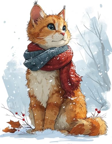 Image of Moohue Stamped Cross Stitch Kits for Adults Animal Cat 14CT Pre Printed Cross Stitch Kits for Beginners (Winter Cute Cat)