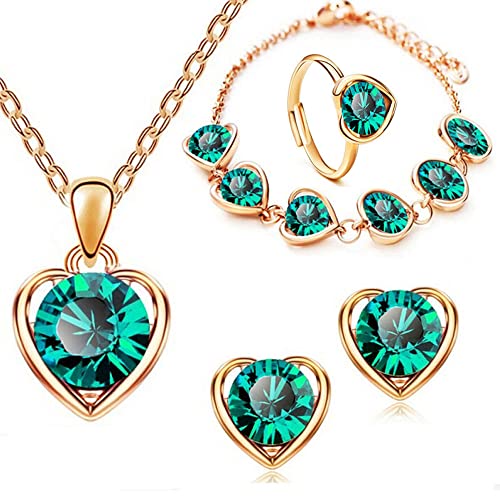 QKEPCY Conjunto de Joyas de Aniversario de Boda en Forma de corazón Pendientes de corazón Collar Colgante Pulseras Cumpleaños Navidad San Valentín Día de la Madre para Esposa Madre Novia (Verde) Cover