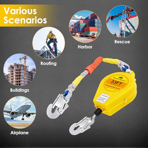 Image of Fall Arrester Protector Self Retractable 33FT Fall Protection Gear Double Locking, Dual PPE+Alloy Steel housing Heavy Duty Lifeline Safety Lanyard Rope Cable Wire Roofing Construction