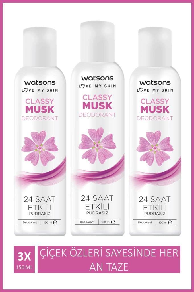 Watsons Classy Musk 24 Saat Etkili Pudrasız Deodorant Sprey 150 ml X3 ADET