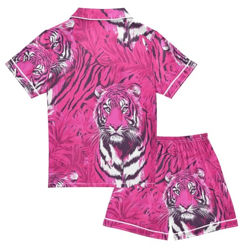 Satin Pajama Sets Short Sleeve Pink Tigers in Jungle Button Down Silky Nightwear 2 Piece PJS 5-14Y2