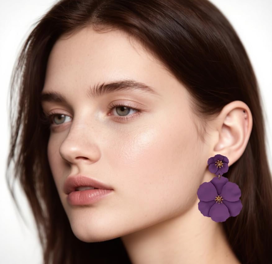 Flower Clip On Earrings - Floral Petal Drop Earrings Statement Hypoallergenic Flower Stud Earring for Women Wedding Jewelry Gifts - Image 2