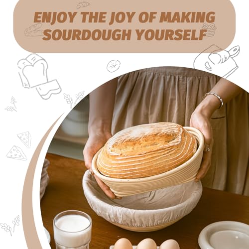 Image of Sourdough Proofing Basket Gift Set, 9 inch Round and 10 inch Oval Banneton Bread Baking Supplies, Sourdough Baskets with Bread Lame, Danish Whish, Bowl Scraper, Sourdough Scraper, and Linen Liner