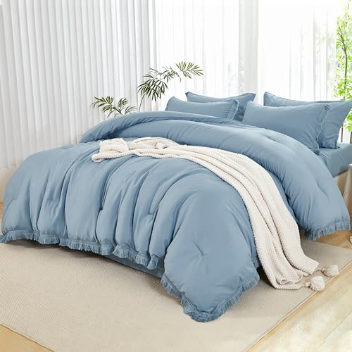 Image of Andency Full Size Comforter Set Grayish Blue -7 Pieces Boho Tassel Bed in a Bag Soft Lightweight Bedding Sets, All Season Fringe Bed Set with Comforter, Sheets, Pillowcases & Shams