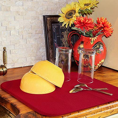 Dish Mat Absorbent, Reversible, Microfiber,Dish Drying Mat For Kitchen,Machine Washable Farmhouse Dishes Drainer For Countertop Fast Drying, Red Drying Mat 16 X 18 Inch #TOP4
