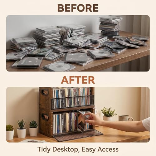 Image of PUTNATRURE CD Storage Box, Hold 38 CD Cases, Stackable Music Tower with Magnetic Opening Door for Easy Access, Desktop Disc Organizer for Home and Office