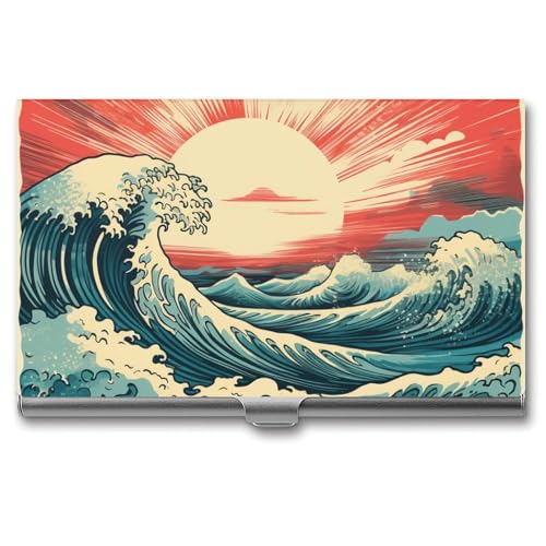 Vintage Surf Sea Waves with Sun Business Card Holder Alloy Multi Wallet Credit Card ID Pocket Name Case